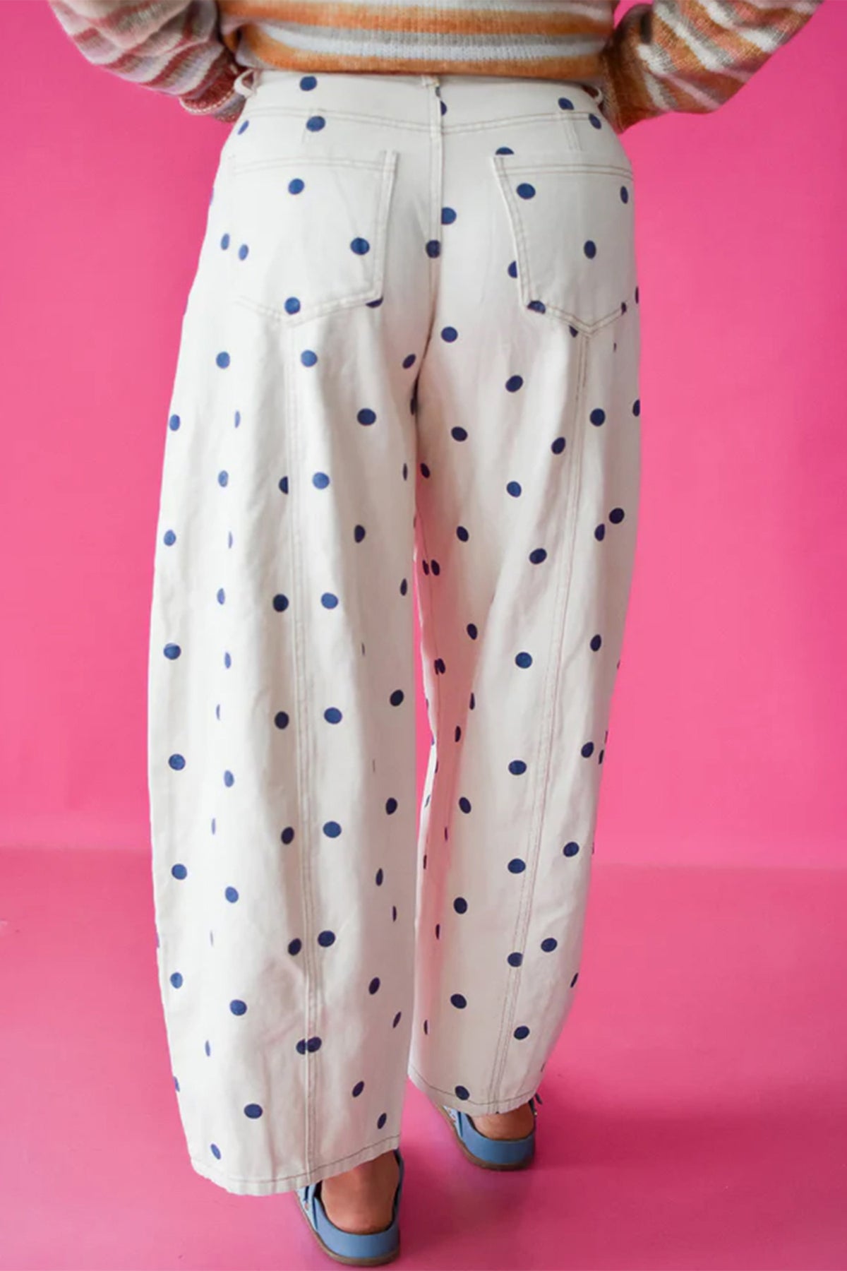 Blue Tailored Seam Polka Dot Print Barrel Casual Jeans