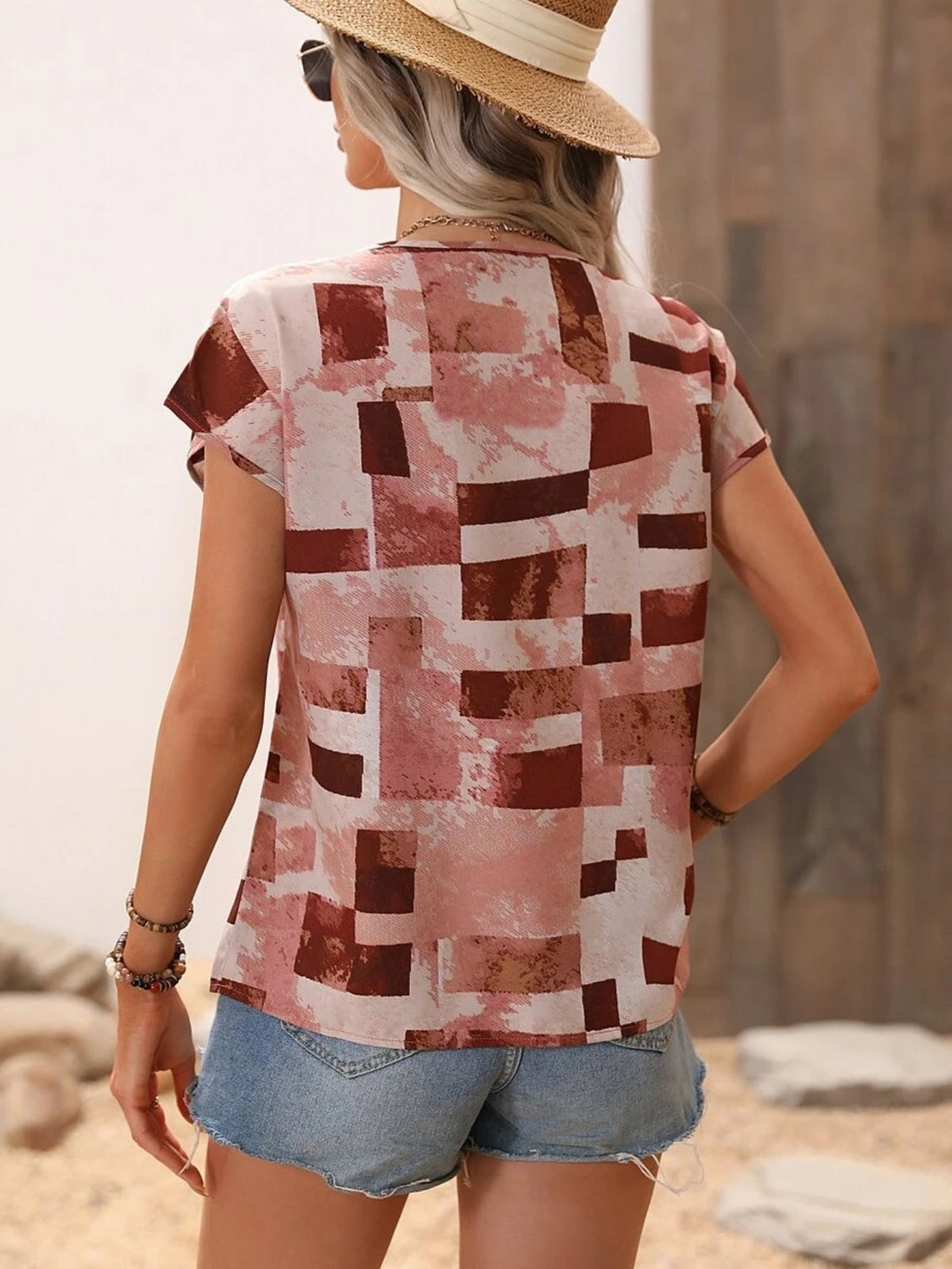 Graphic Print Crew Neck T-shirt, Short Sleeve Aztec Print Tops
