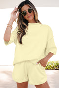 Yellow Cream Solid Color Exposed Seam Mock Neck Oversize Tee Casual Shorts 2pcs Outfit