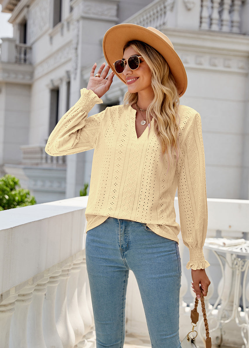 Solid Color Hollow Pleated Ruffle Sleeve V-Neck Loose Long Sleeve Top