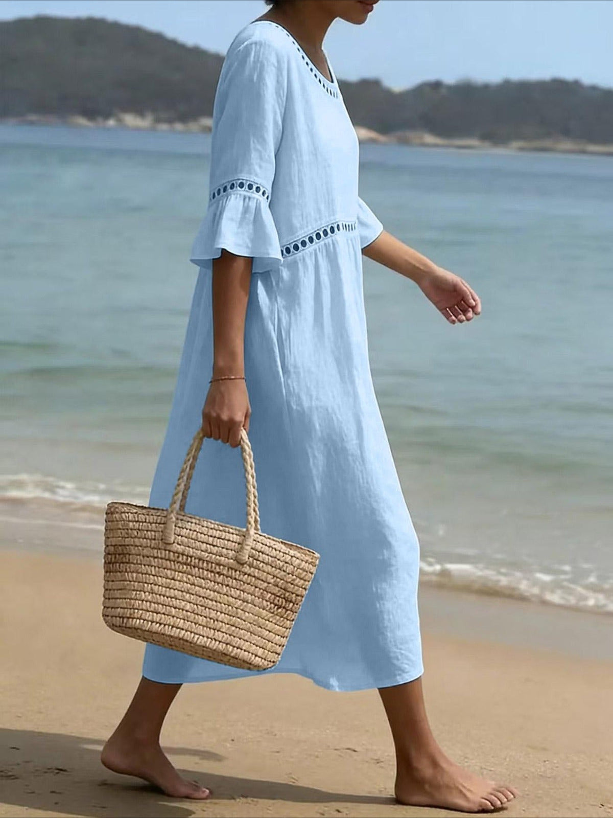Color Retro Laced Lace Short Sleeve Round Neck Dress