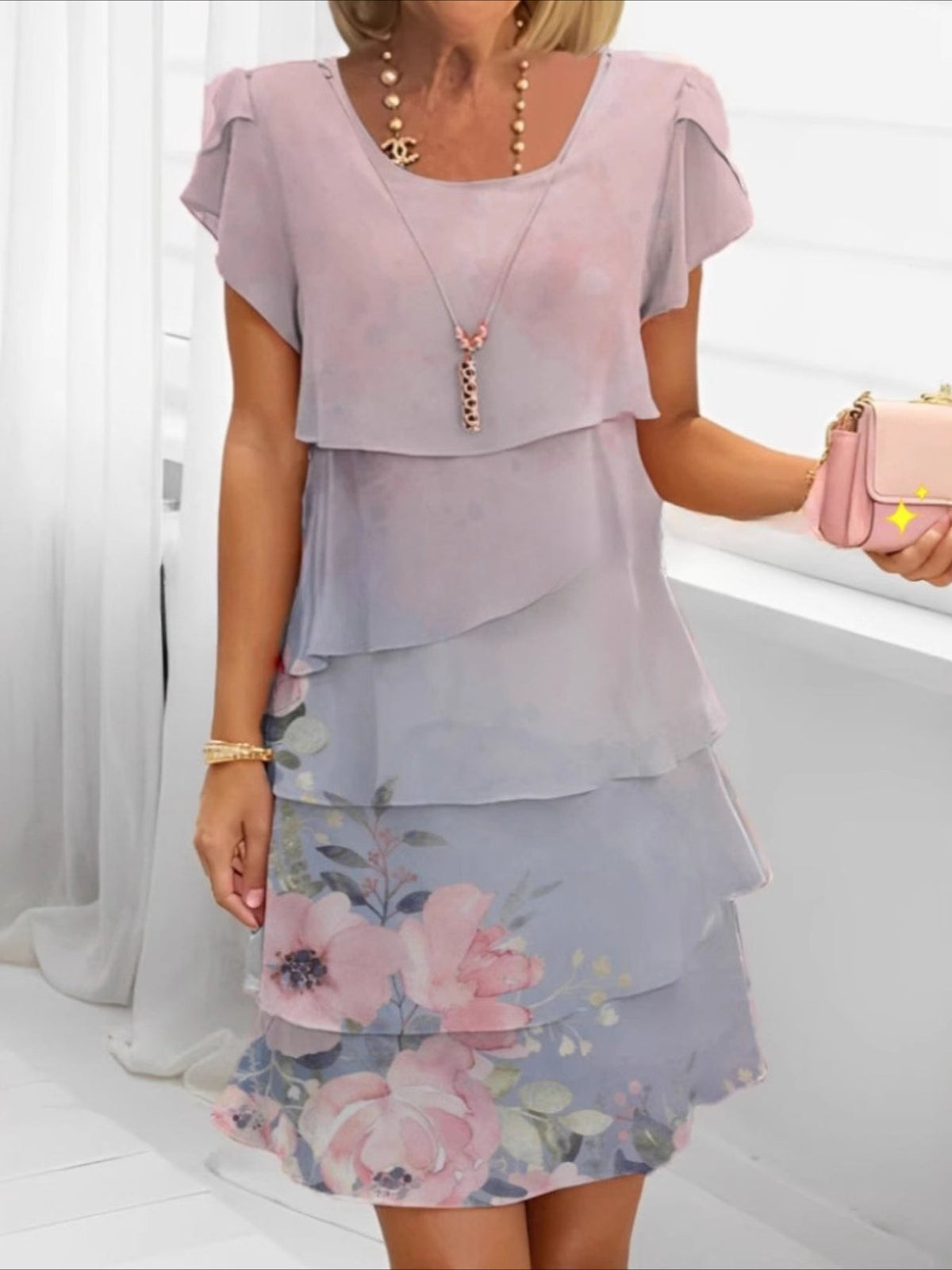 Elegant Daily Regular Fit Floral Geometric Short Sleeve Crew Neck Midi Dress