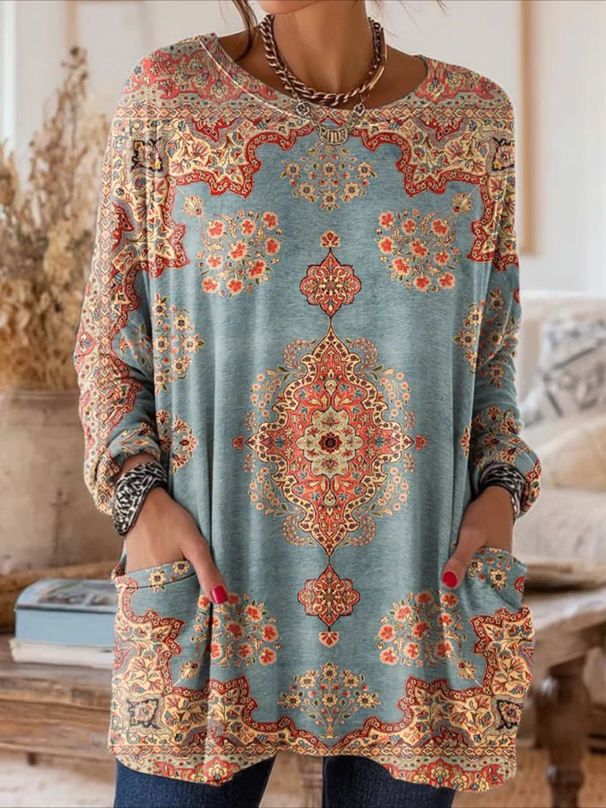 Floral Long Sleeve Crew Neck Printing Vintage Spring/Fall Top