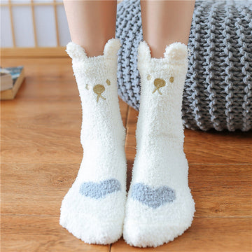 Warm & Fuzzy Cartoon Animal Socks, Crew Length Warm Coral Fleece Socks