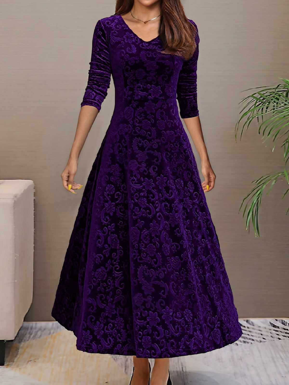 Solid Color Long Sleeve Dress, Elegant V Neck Flared Dress