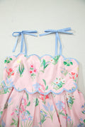 Pink Floral Print Contrast Trim Self-tie Straps High Waist Midi Dress