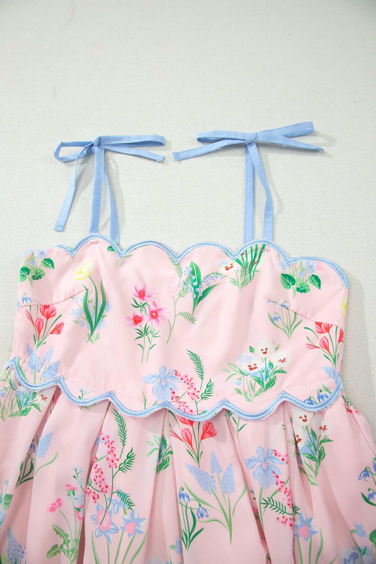 Pink Floral Print Contrast Trim Self-tie Straps High Waist Midi Dress
