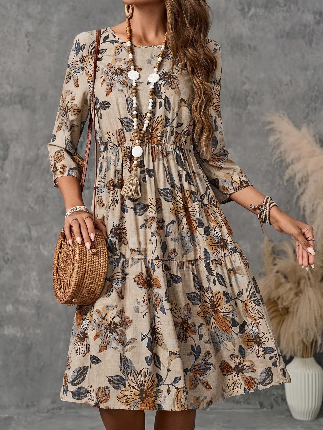Elegant Floral Print Dress for Women - Crew Neck, 3/4 Sleeve, Polyester, Machine Washable