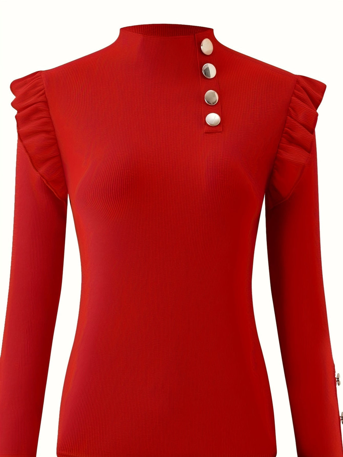 Solid Mock Neck Ruffle Trim Tee, Elegant Long Sleeve Slim T-shirt