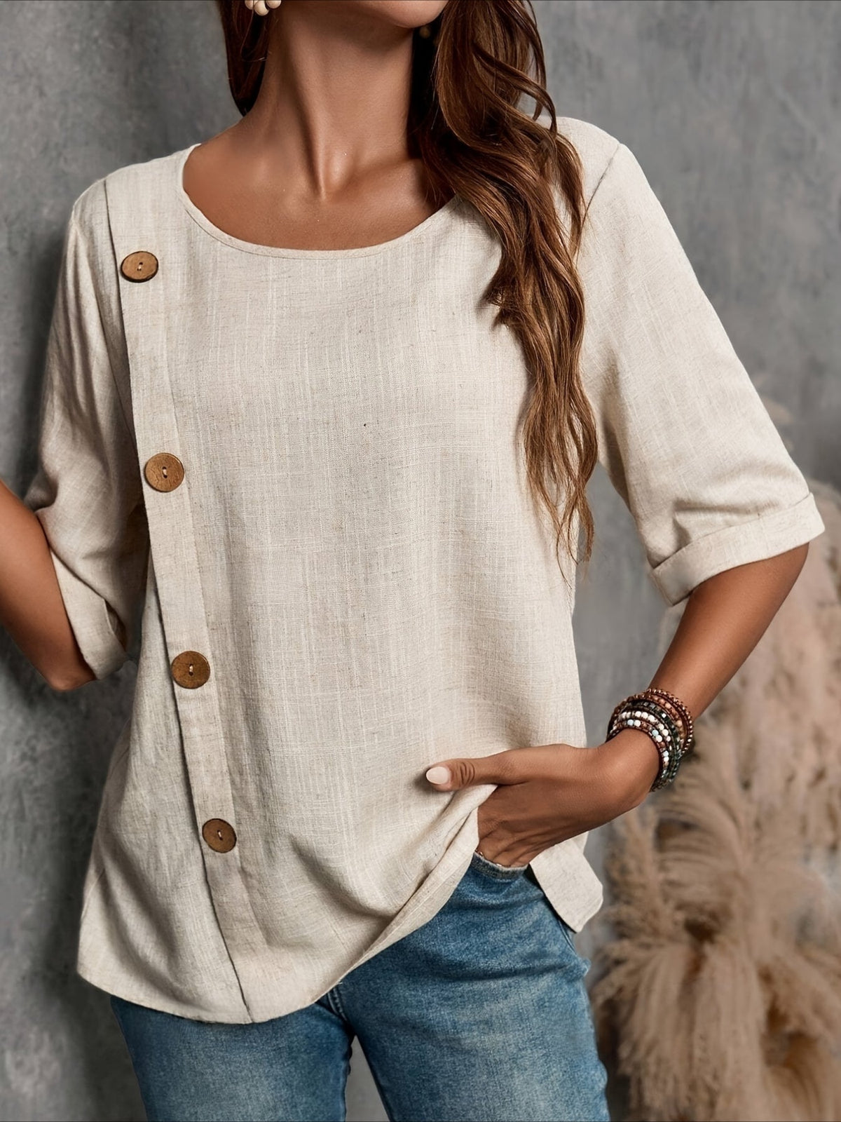 Vintage-Inspired Button-Up Round Neck Blouse with Puffed Sleeves