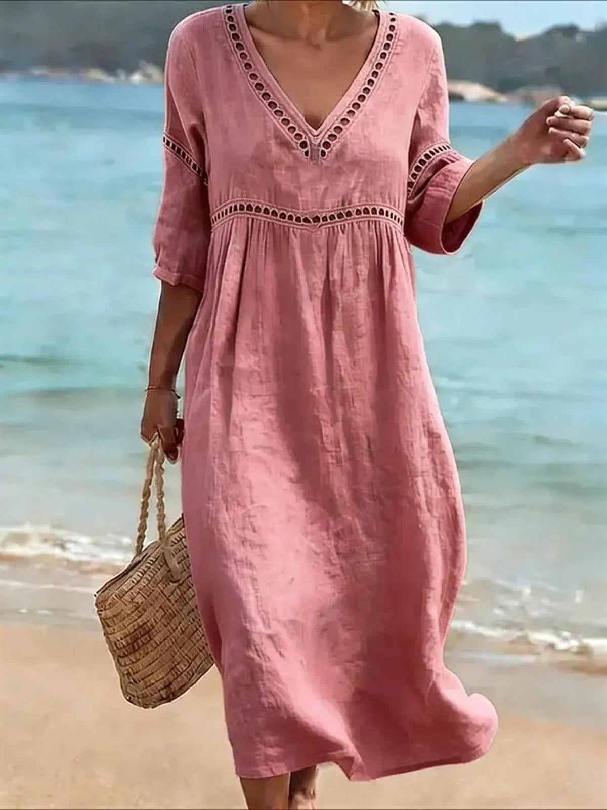 Casual V-Neck Solid Color Hollow Out Dress