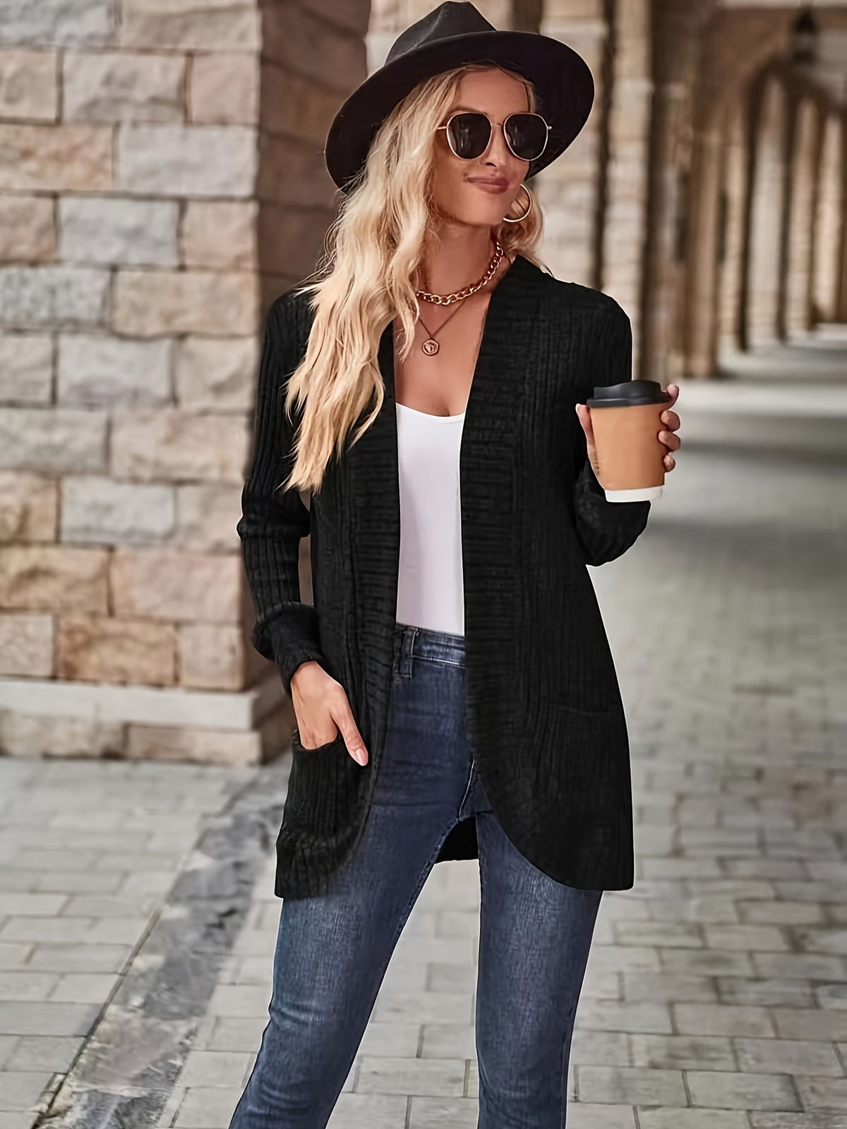 Solid Open Front Cardigan, Casual Long Sleeve Drop Shoulder Outwear