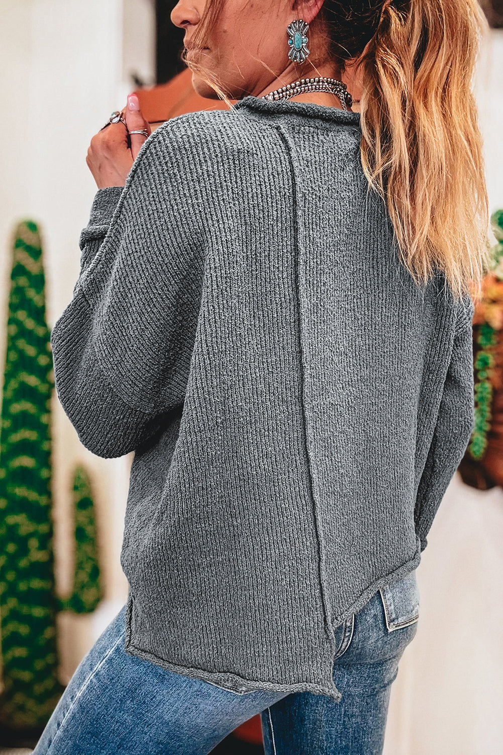 Medium Grey Raw Edge Uneven Hem Patchwork Drop Shoulder Sweater