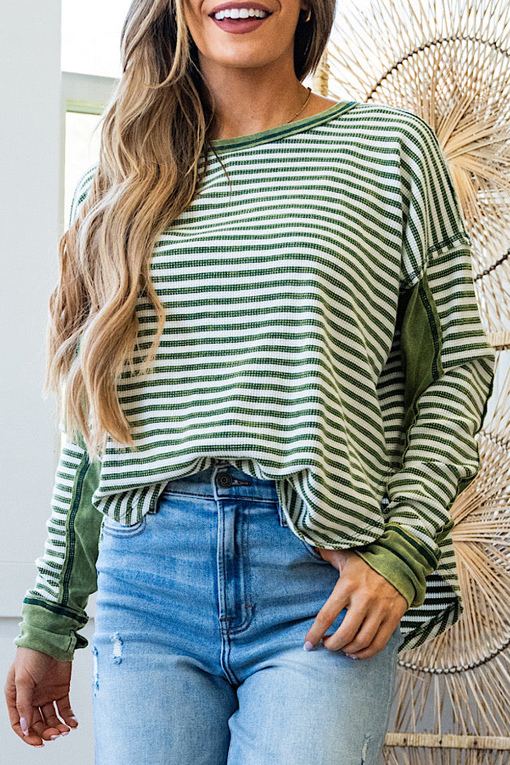 Green Stripe Thermal Knit Drop Shoulder Casual Top