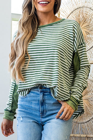 Green Stripe Thermal Knit Drop Shoulder Casual Top