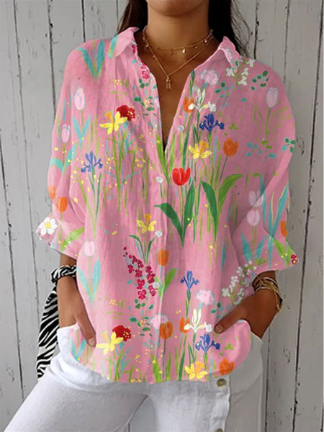 Vintage Long Sleeves Casual Lapel Collar Floral Print Button-Up Shirt