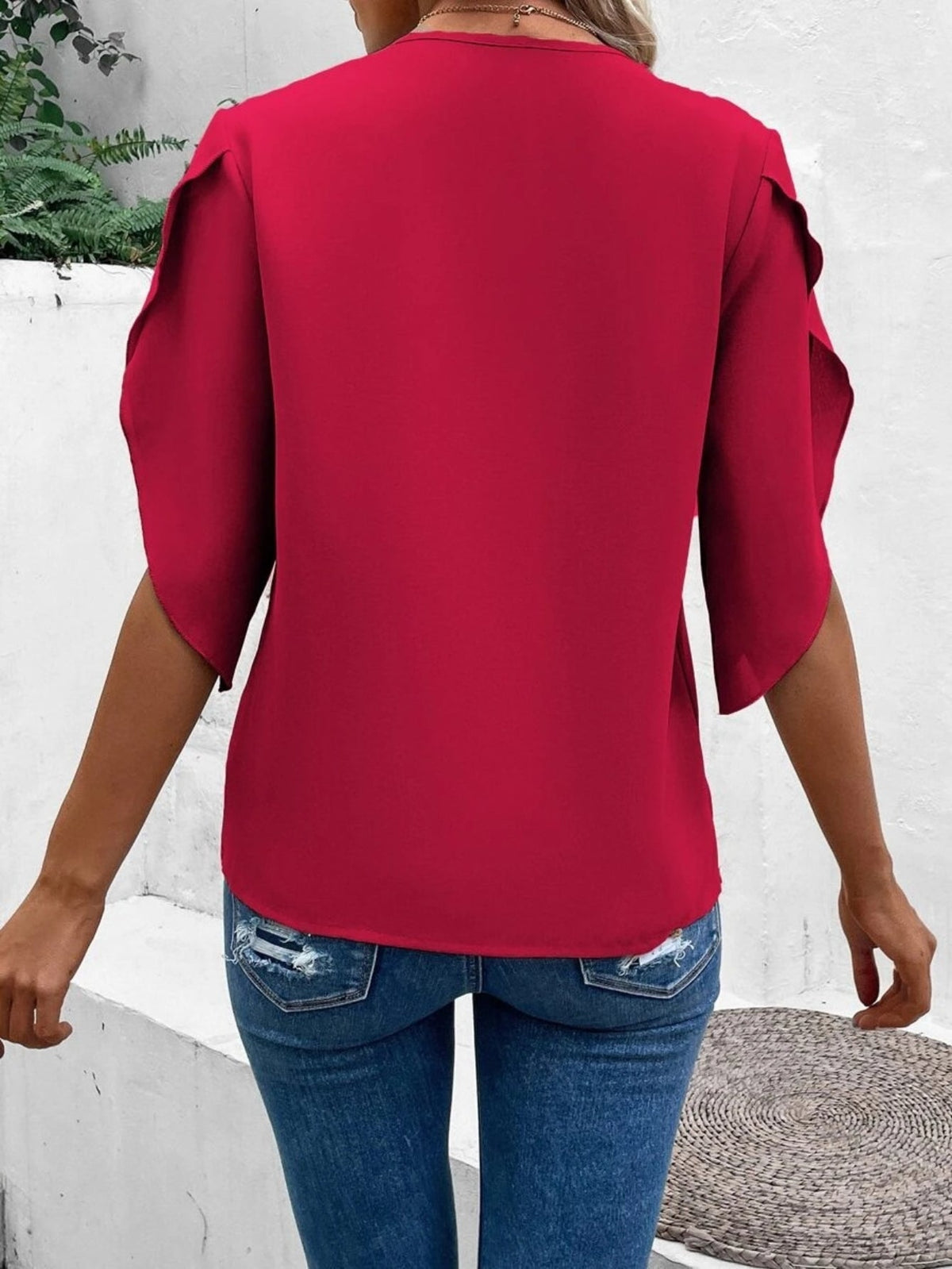 Solid Floral Lace Stitching V-neck Blouse, Vintage Petal Sleeve Blouse