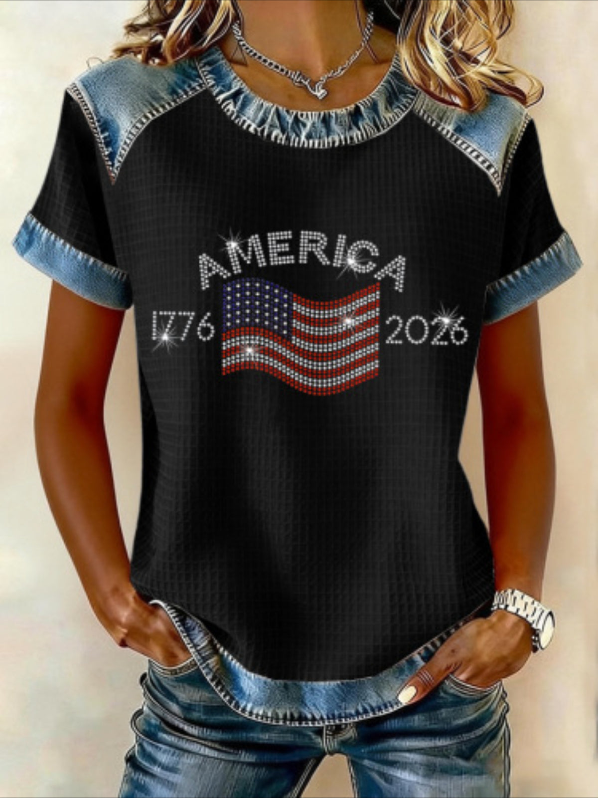250th Anniversary Of The Founding Of the United States Short Sleeve Text Letters Printing Jersey Crew Neck T-shirt