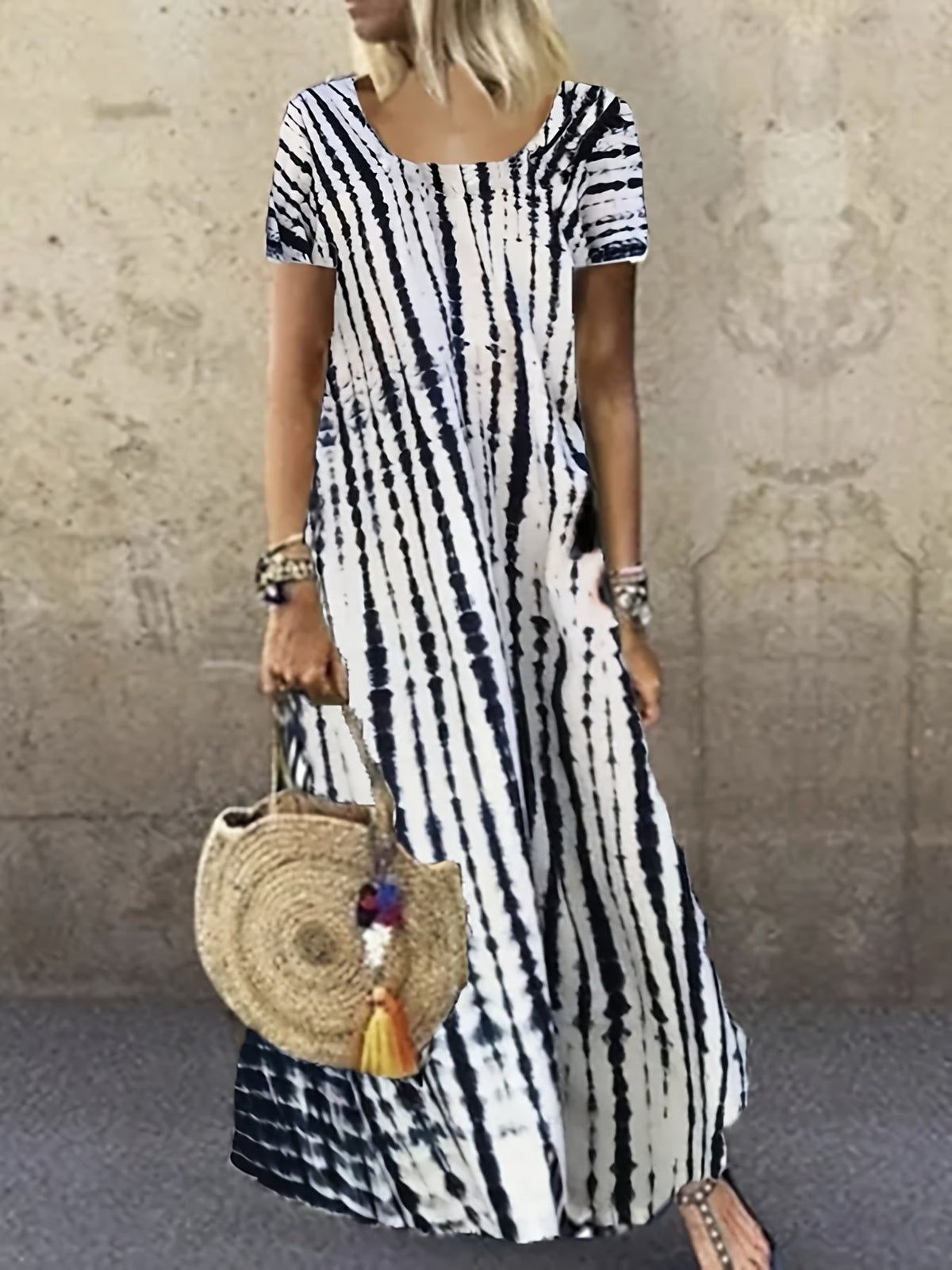 Tie Dye Striped Dress, Casual Crew Neck Short Sleeve Ankle Dress
