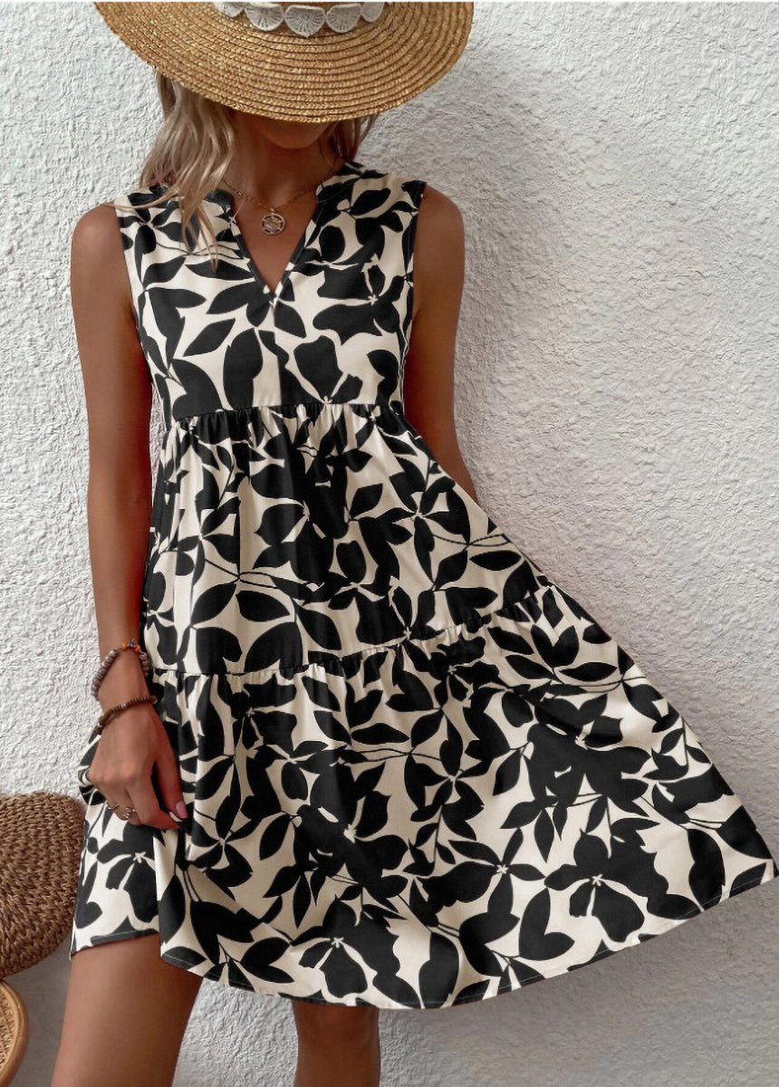 Bohemian V-Neck Pleated Printed Dress