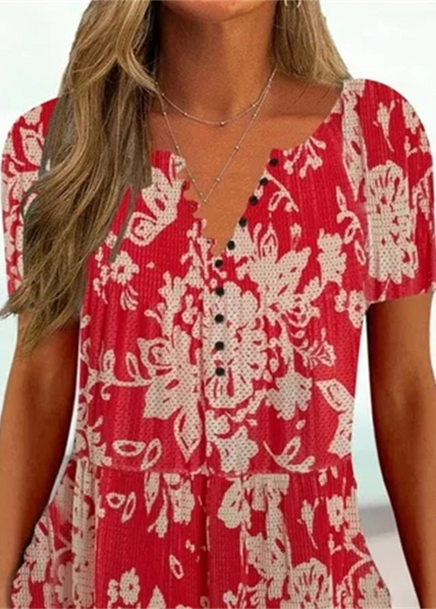 V-neck Button Printed Short-sleeved T-shirt