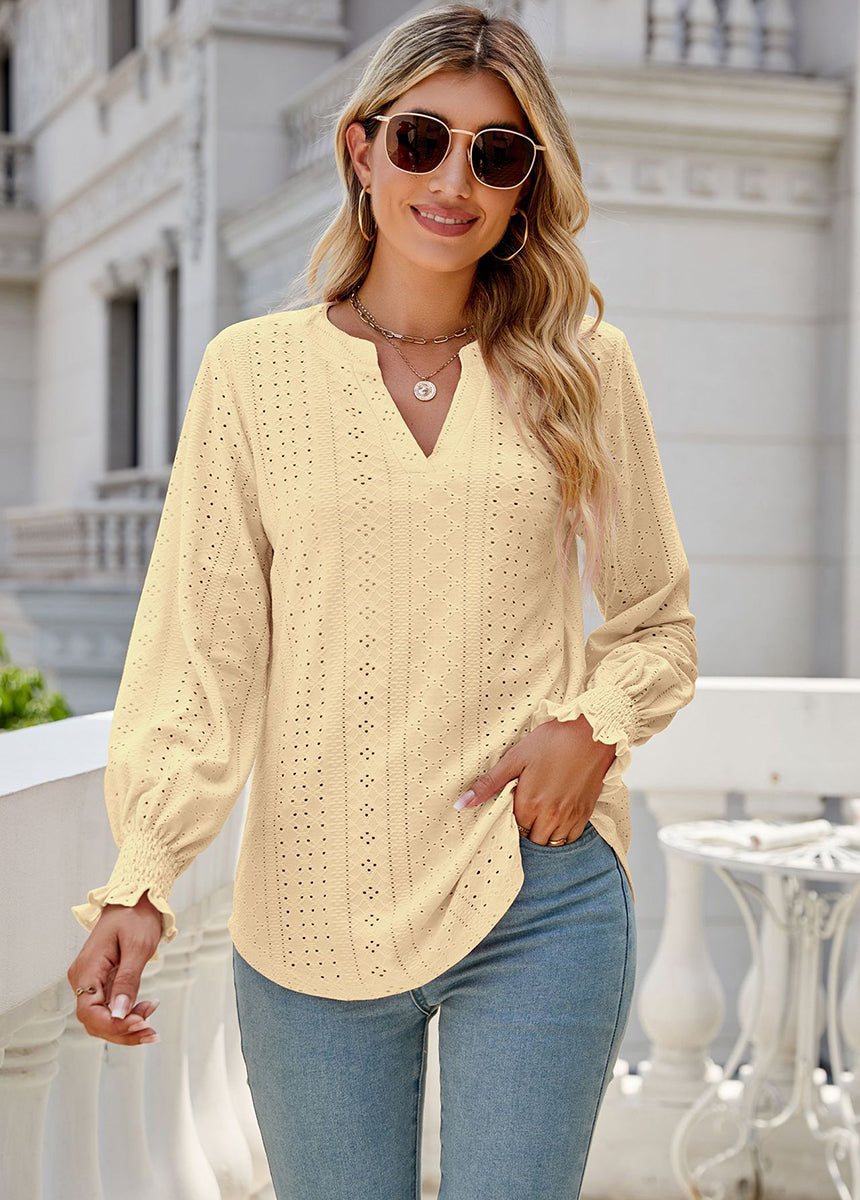 Solid Color Hollow Pleated Ruffle Sleeve V-Neck Loose Long Sleeve Top