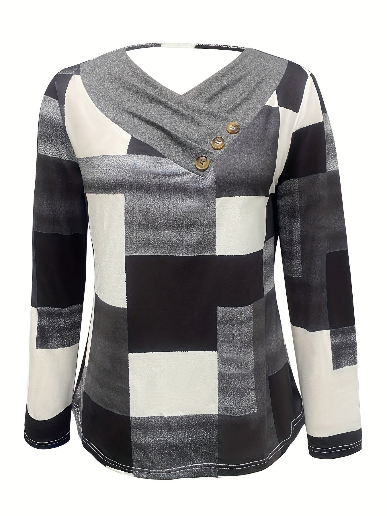 Colorblock Print Ruched T-Shirt, Casual Long Sleeve Top