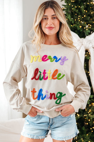 Beige merry little thing Corded Letter Graphic Ribbed Loose Sweatshirt
