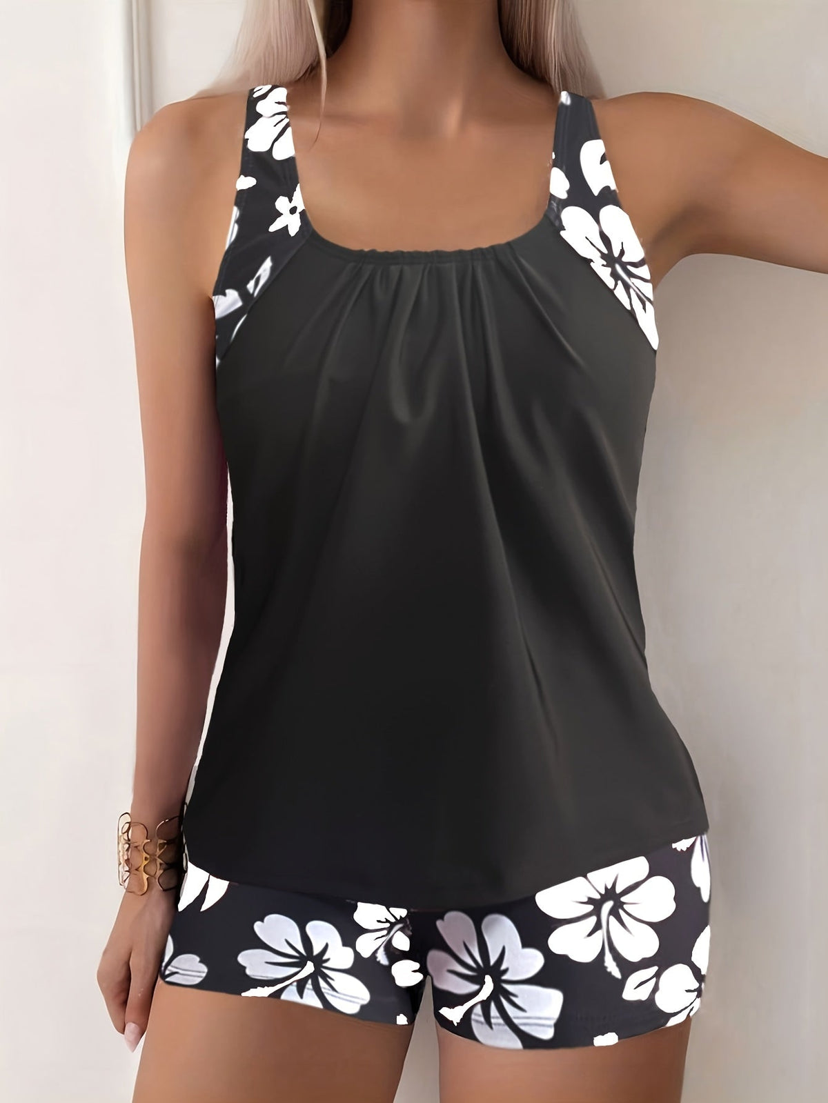 2pcs Elegant Black Tropical Print Stretchy Tankini Set - Ruched Sleeveless Top