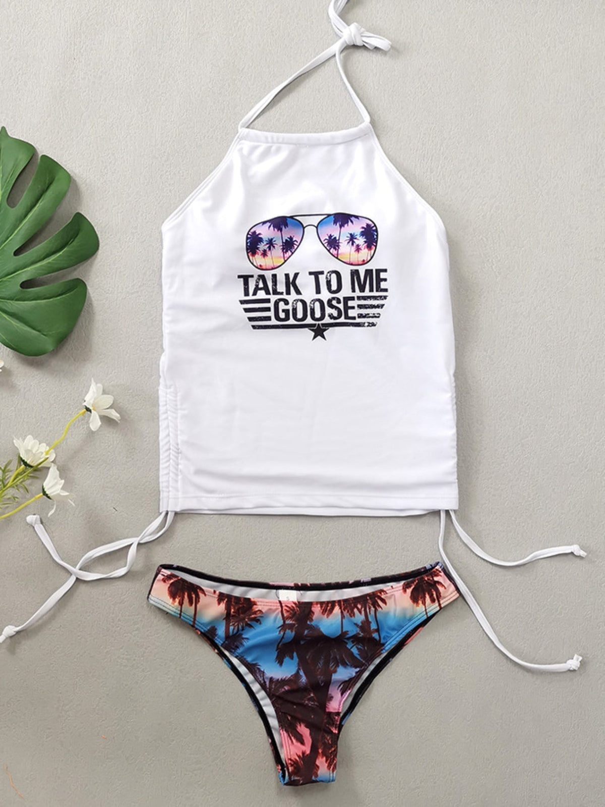 Coconut Tree Sunset Pattern Drawstring 2 Piece Set Swimsuit, Halter Tie Neck Backless Stretchy Low Waist Bathing Suit