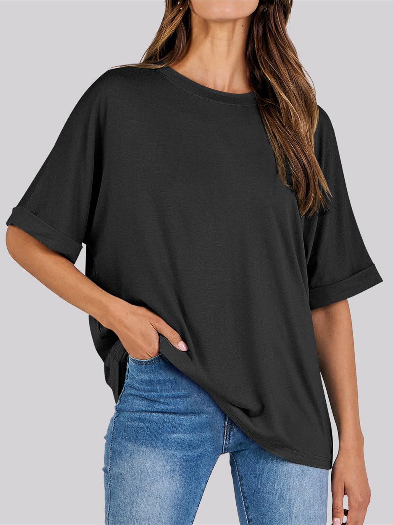Casual Short Sleeve Crewneck Solid Color Loose T-Shirt