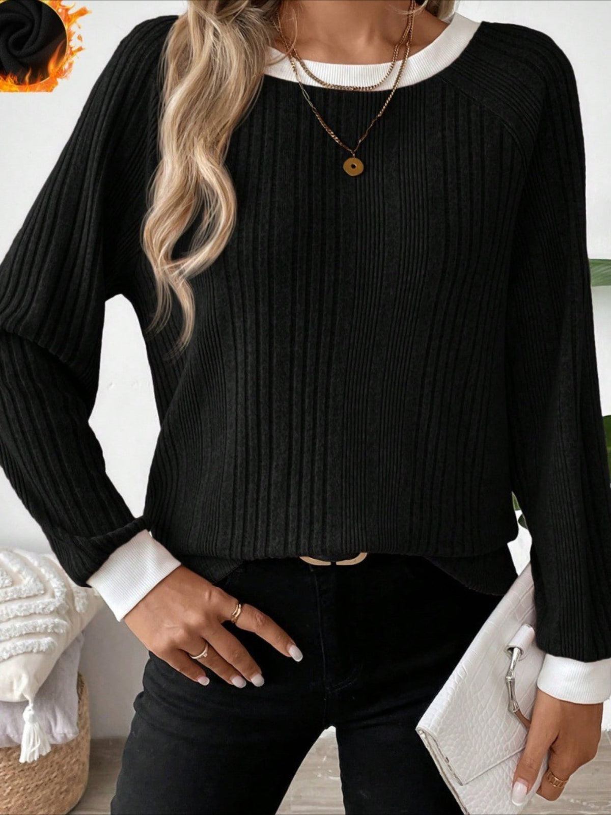 Long Sleeve Pullover with Elegant Contrast Collar Top