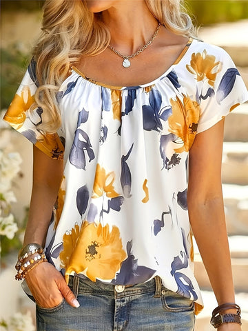 Floral Print Crew Neck T-Shirt, Casual Short Sleeve T-Shirt