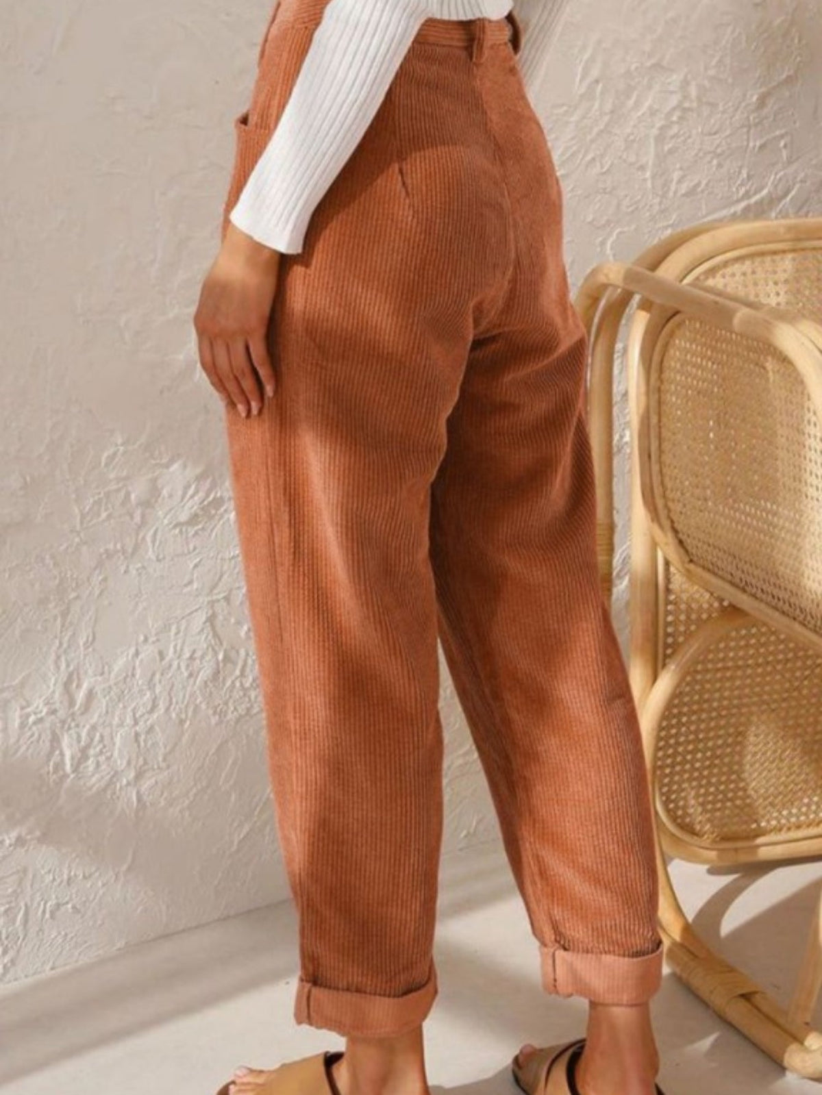 Women's High-Waist Corduroy Pants - Casual Solid Color, Loose Fit Straight Leg with Pockets