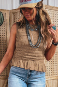 Smoke Gray Shirred Slim Fit Ruffle Hem Tank Top