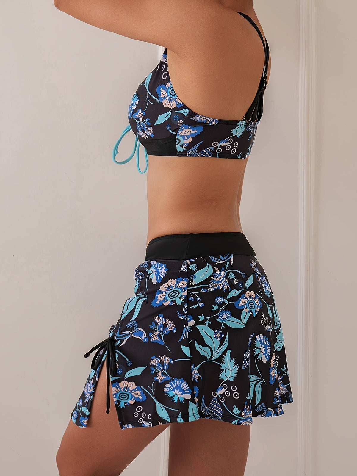 3 piece Women's Butterfly Floral Print Drawstring Bikini Set with Side Split and High Waist V Neck Stretchy and Comfortable Swimwear