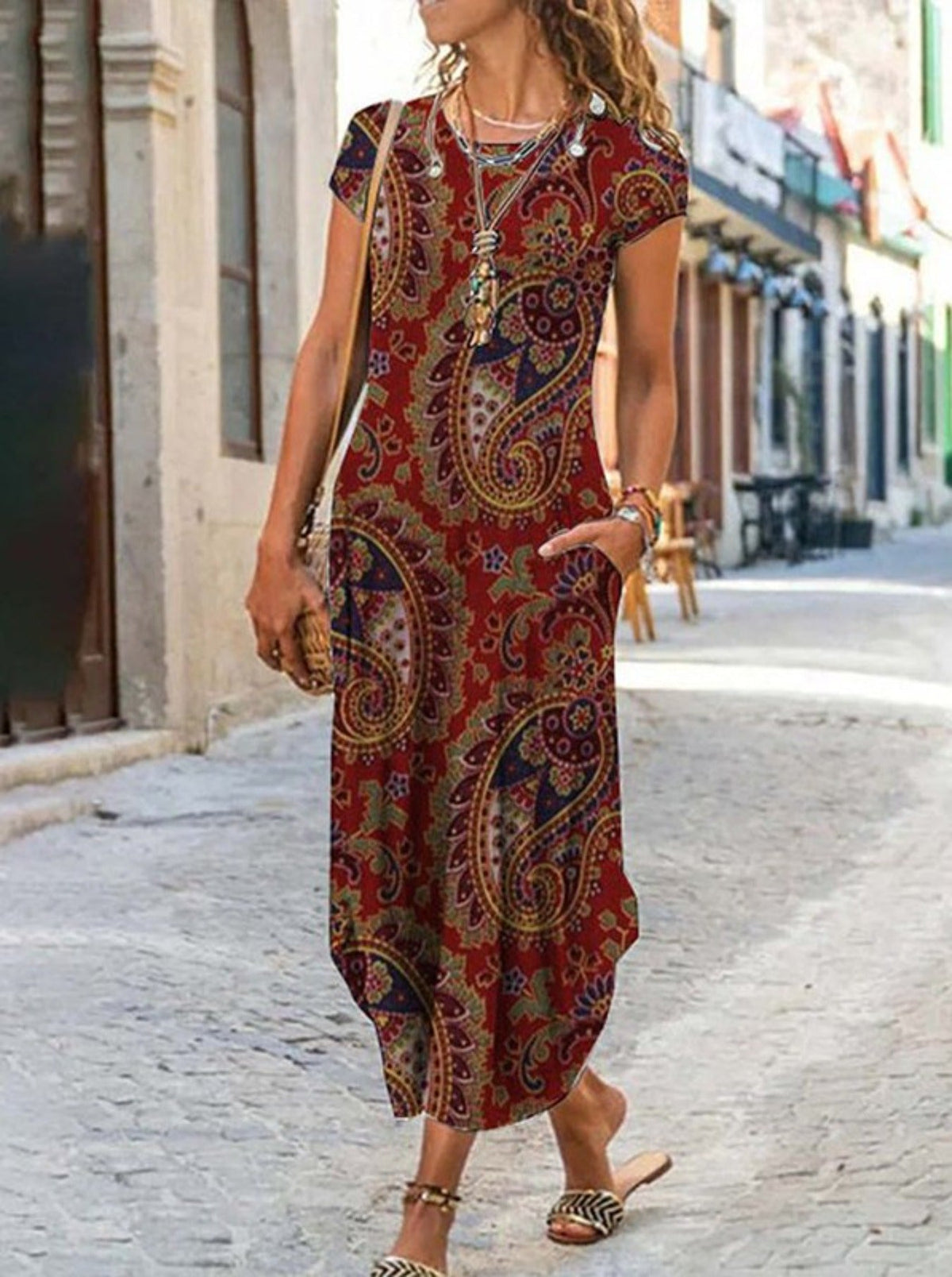 Boho Paisley Print Crew Neck Dress, Casual Short Sleeve Dress