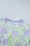 Purple Floral Print Ruffled Color Block Trim Half Sleeve Blouse