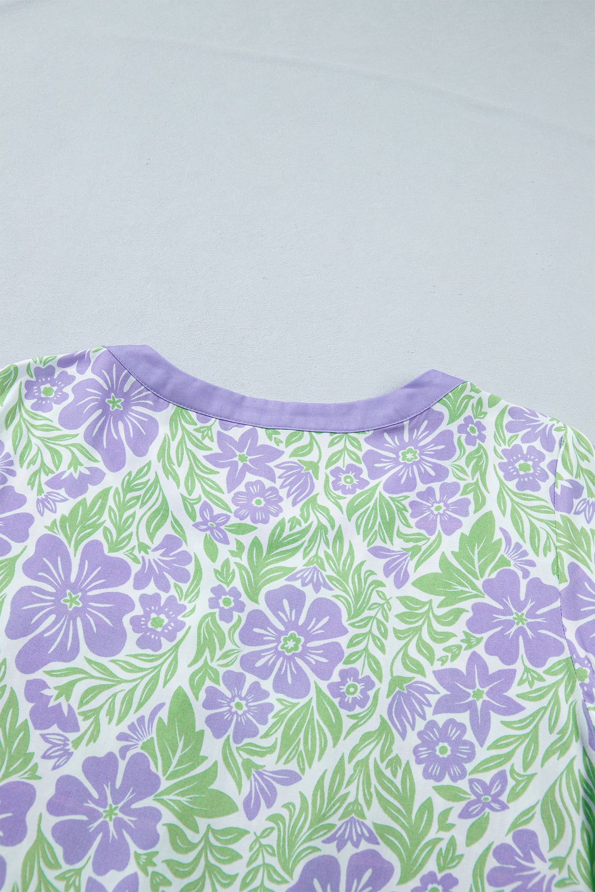 Purple Floral Print Ruffled Color Block Trim Half Sleeve Blouse