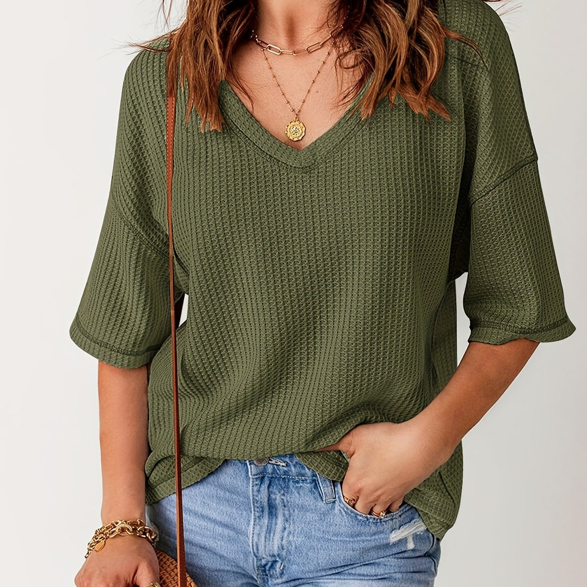 Solid Elegant V Neck T-Shirt, Drop Shoulder Casual Top