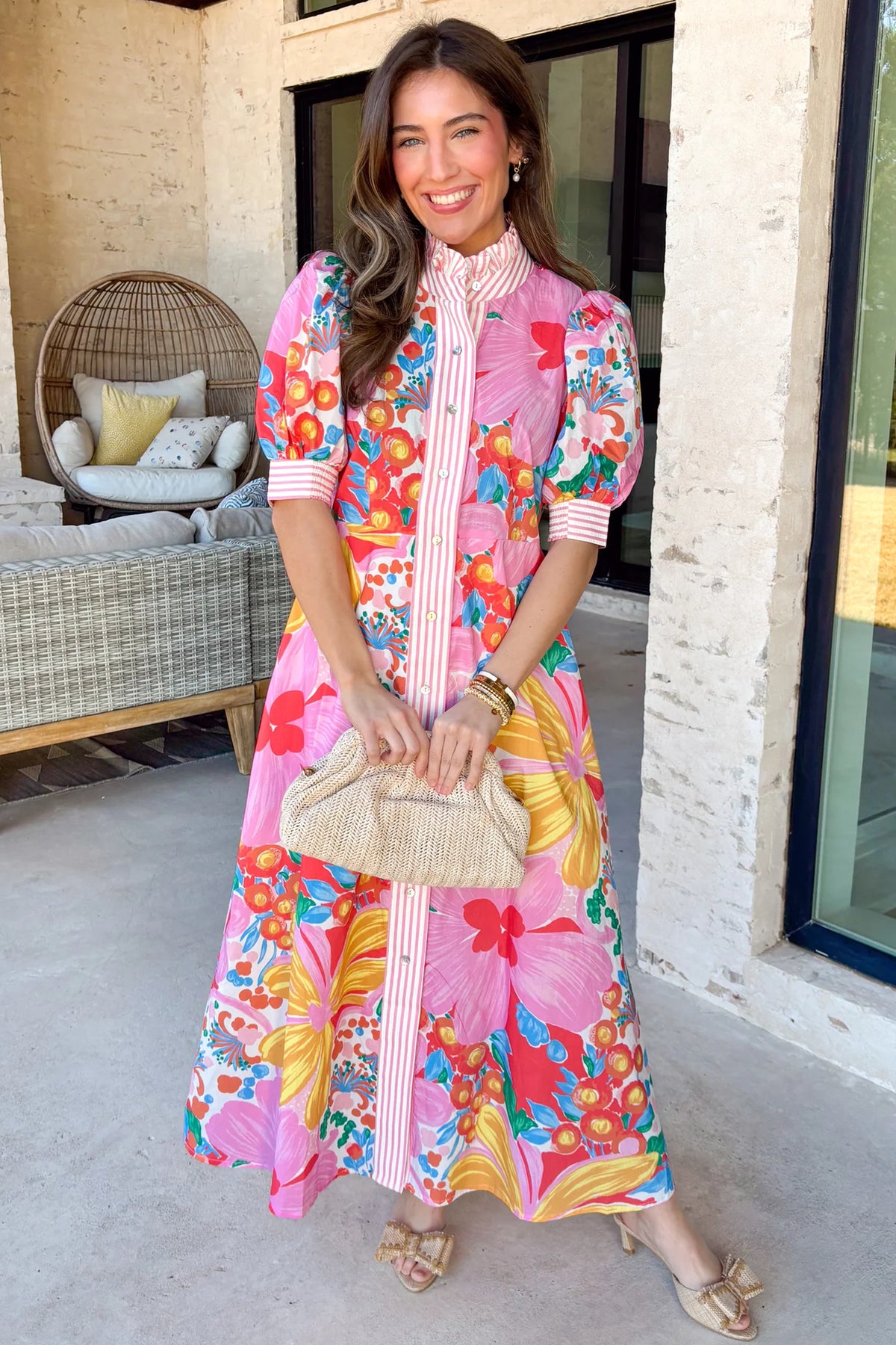 Pink Floral Print Striped Trim Button Down Short Sleeve Vacation Dress