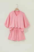 Gossamer Pink Scalloped V Neck Dolman Oversize Top Drawstring Short Set