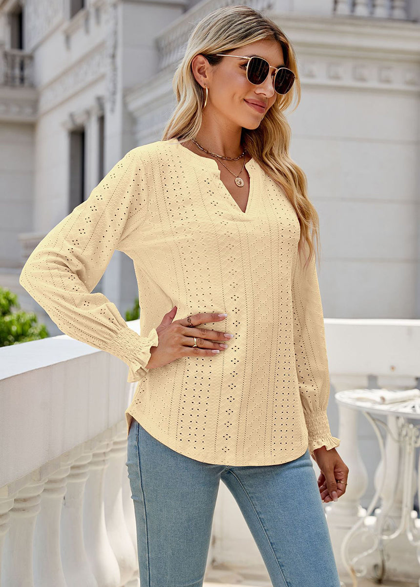 Solid Color Hollow Pleated Ruffle Sleeve V-Neck Loose Long Sleeve Top