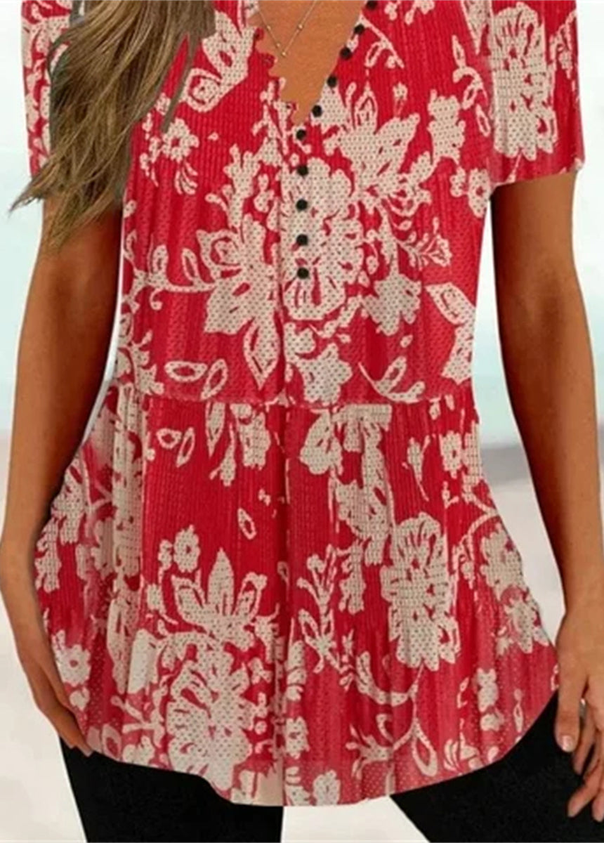 V-neck Button Printed Short-sleeved T-shirt