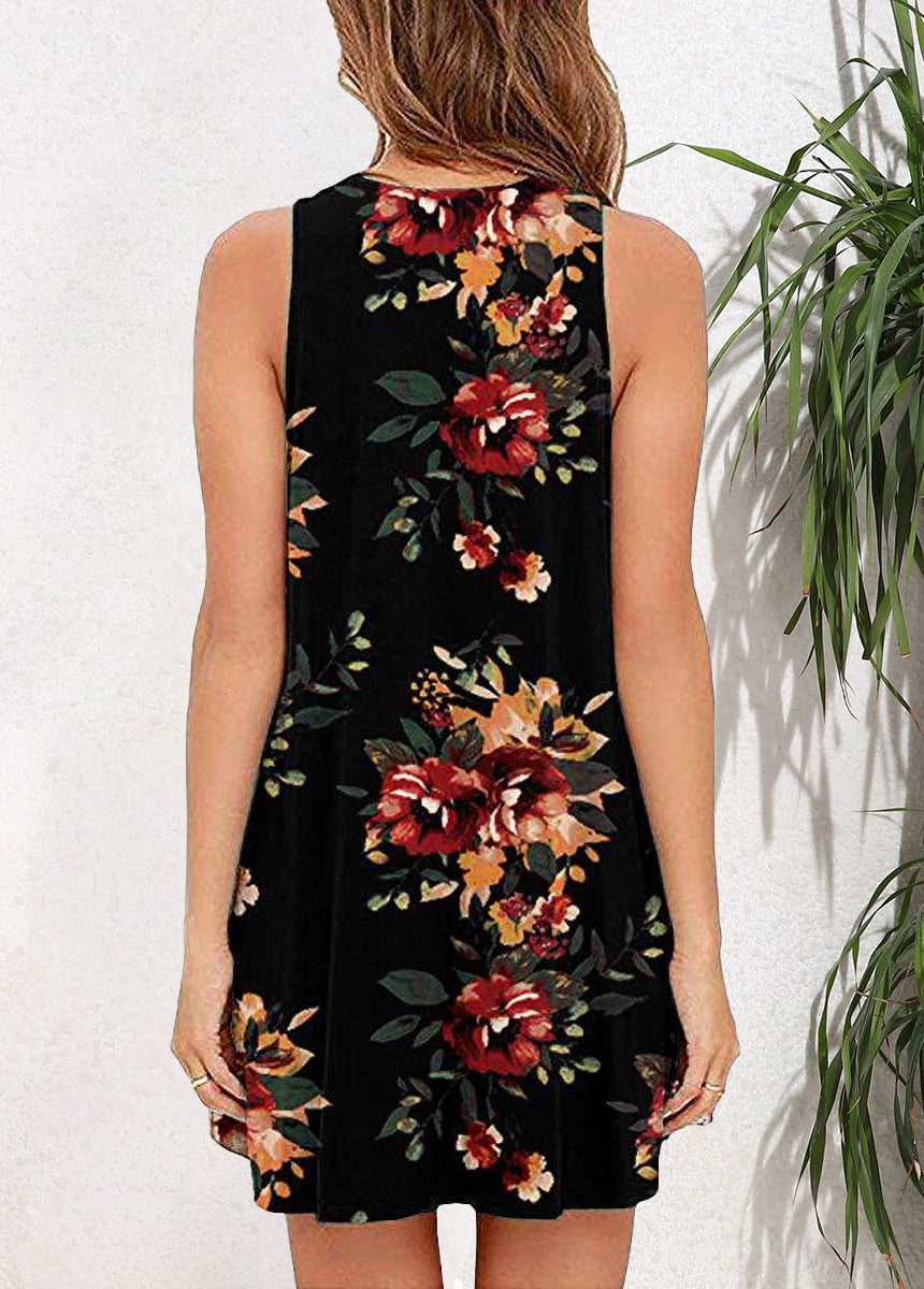 Sleeveless Pullover Printed Pocket Swing Round Neck Vest Dress