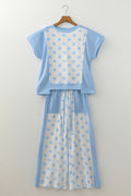Sky Blue Color Block Patchwork Polka Dot Wide Leg Pant Set