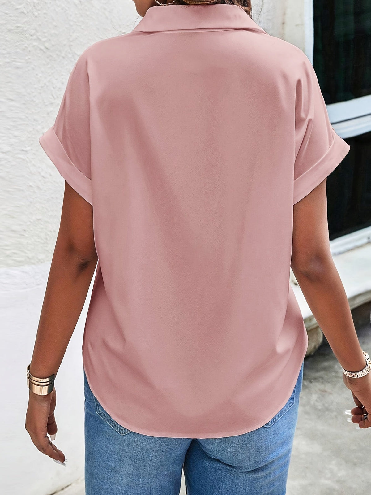 Elegant Solid Color Pleated Batwing Short Sleeve Casual Shirt