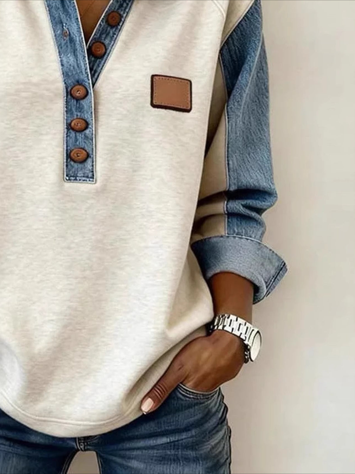 Casual Shawl Collar Color Block Sweatshirt