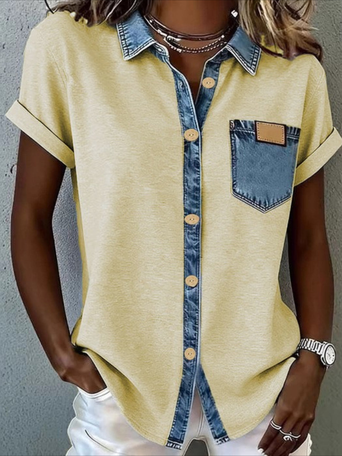 Fashion Short Sleeve Button-Up Blouse