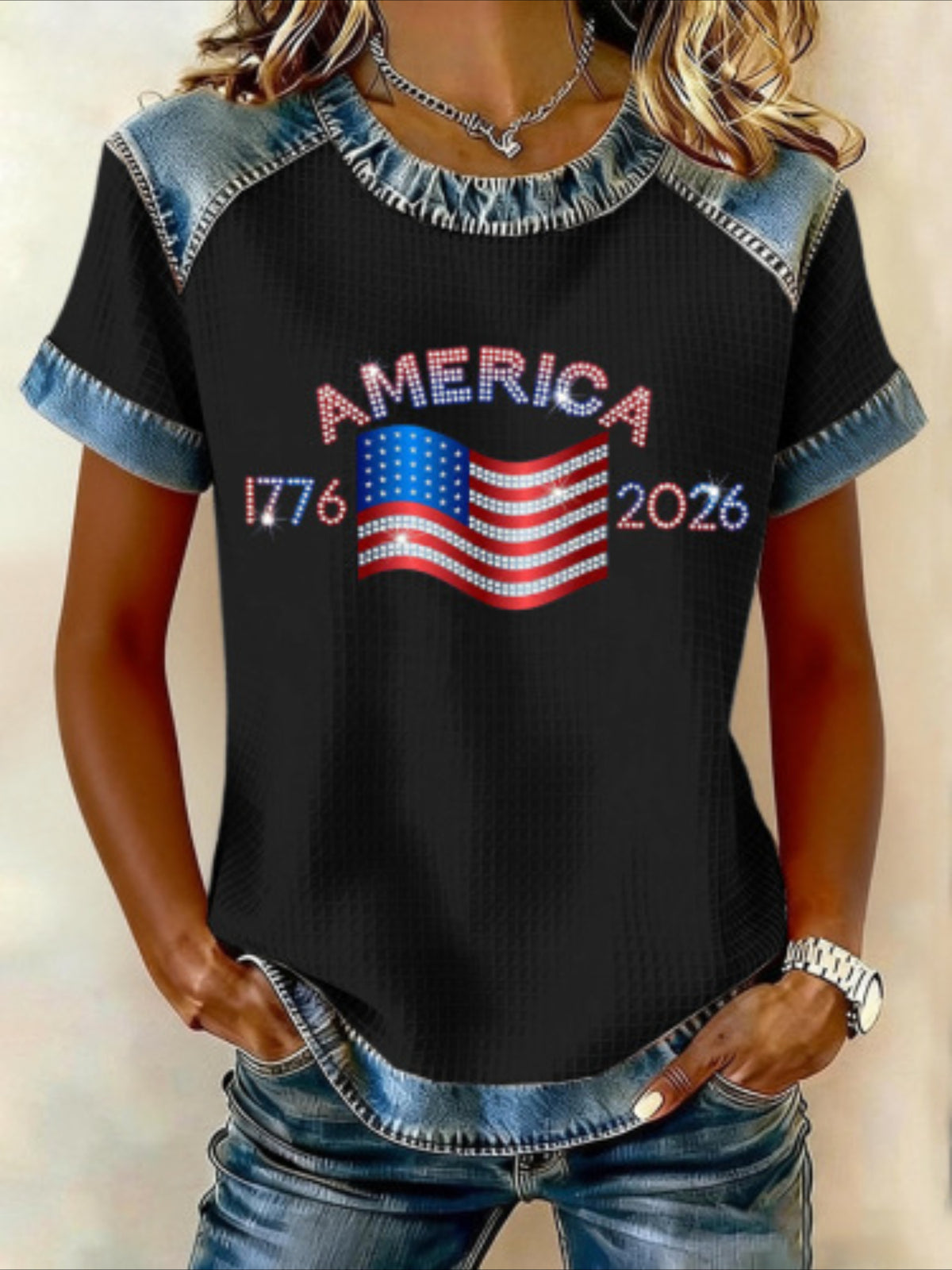 250th Anniversary Of The Founding Of the United States Short Sleeve Text Letters Printing Jersey Crew Neck T-shirt